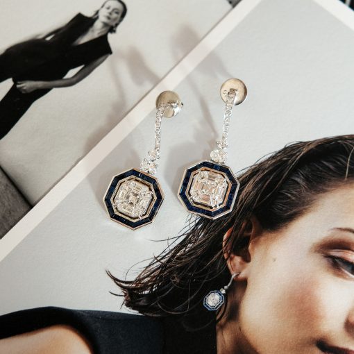 Diamond and Baguette Cut Sapphire Drop Earrings - Image 5
